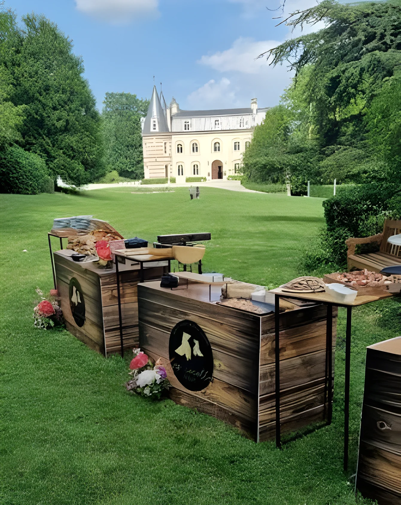 Wooden brunch stands on the lawn, with the château behind