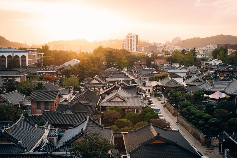 Old village rooftops at golden hour